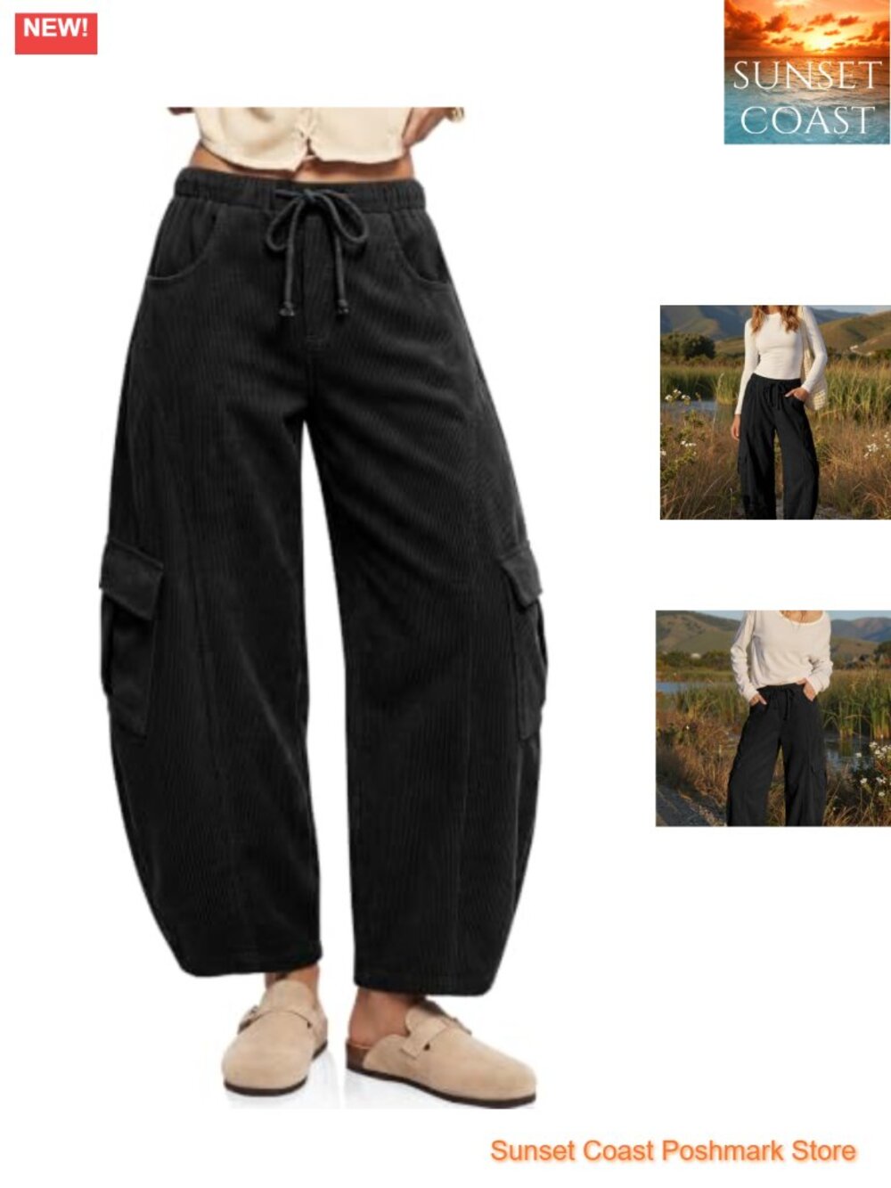 Womens Corduroy Cargo Wide Leg Barrel Pants Relaxed Fit High Rise